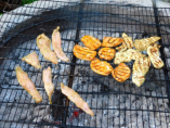 Schweine und Putenfleisch, sowie Rote Würste bruzzeln am Grill